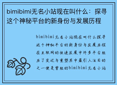 bimibimi无名小站现在叫什么：探寻这个神秘平台的新身份与发展历程